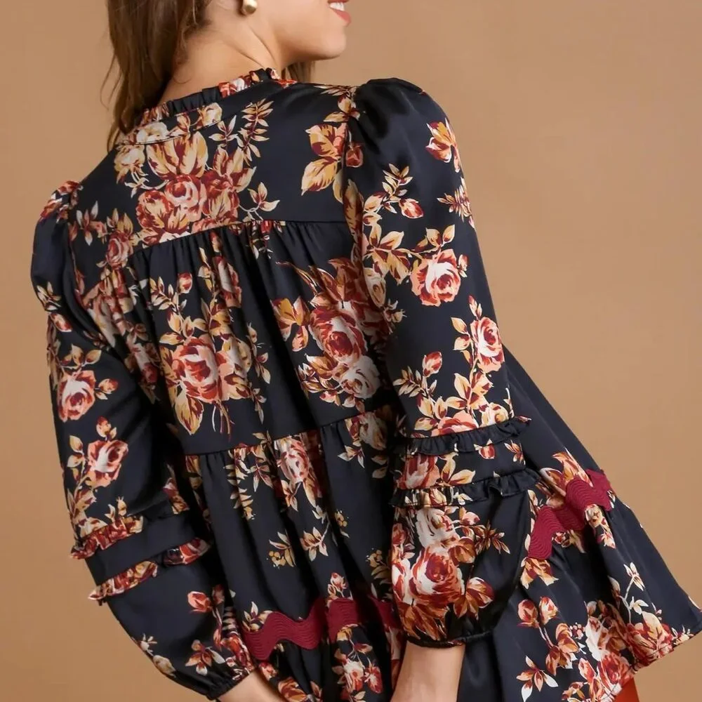 Umgee Satin Black Multi Floral Print Top Blouse with Ric Rac Trim NWT Size Med - Picture 2 of 6